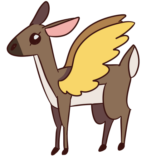 a cool brown deer with a white belly and yellow wings.